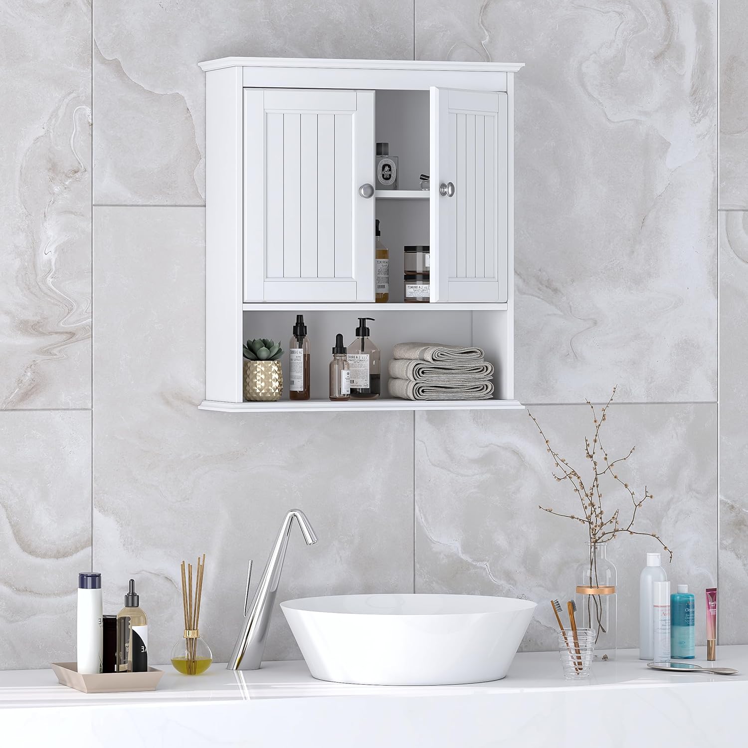 Spirich White Bathroom Cabinet with Doors and Shelves