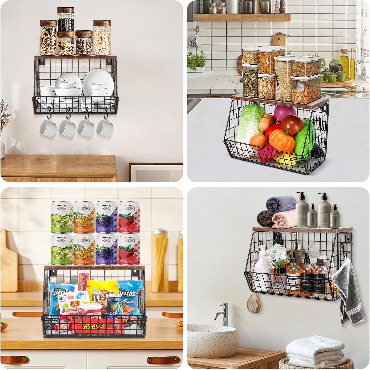 Livabber Metal Fruit Basket with Wood Shelf and 4 S-Hooks