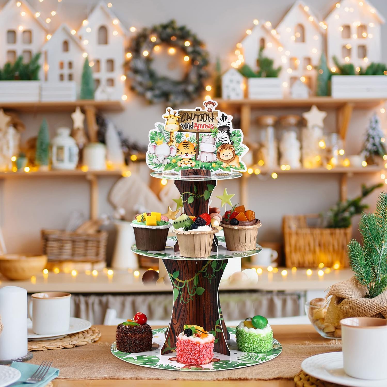 Nuenen Safari Cupcake Stand 3 Tier Jungle Birthday Decor