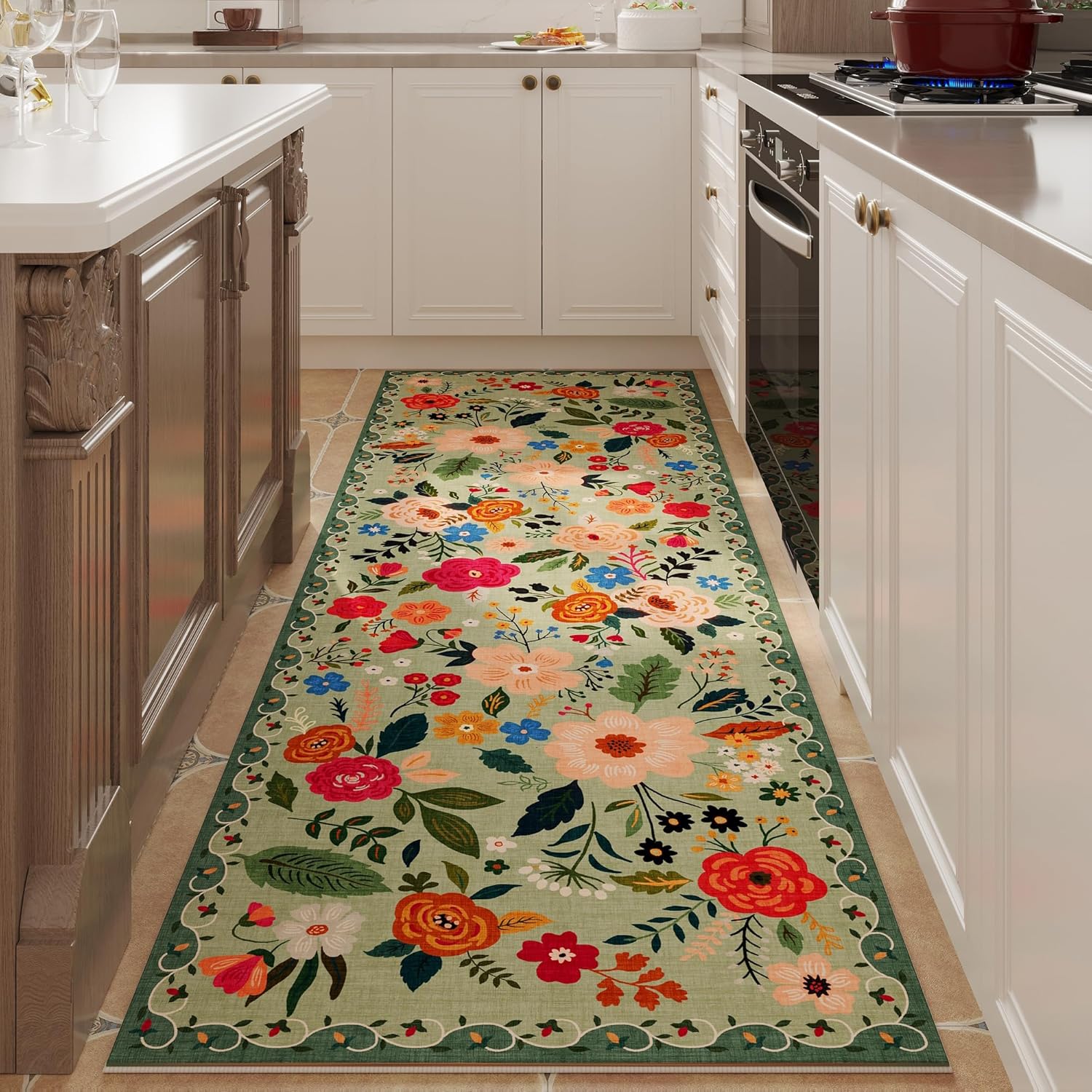 Soft Floral Runner Rug with Non Slip Rubber Backing