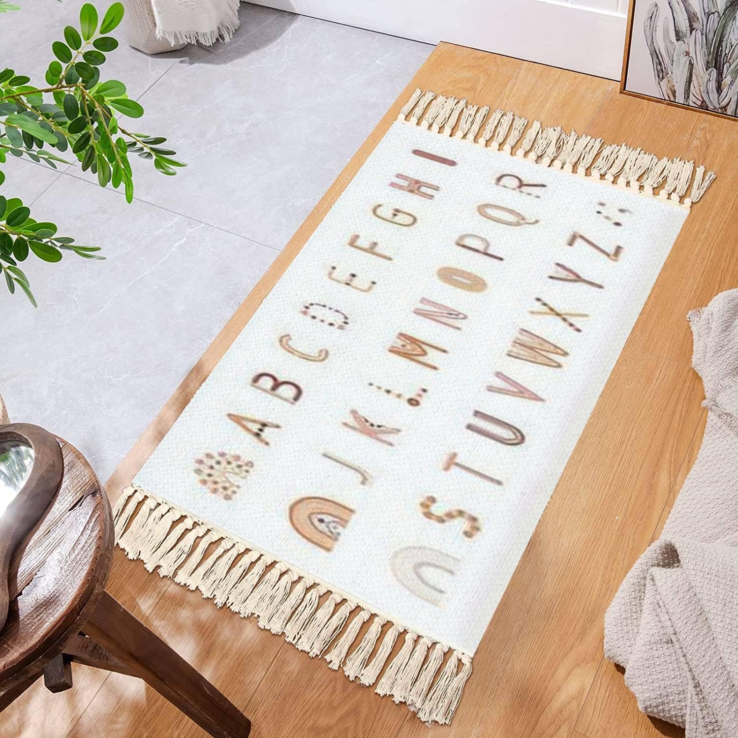 Boho Alphabet Rug with Tassels for Bedroom and Living Room