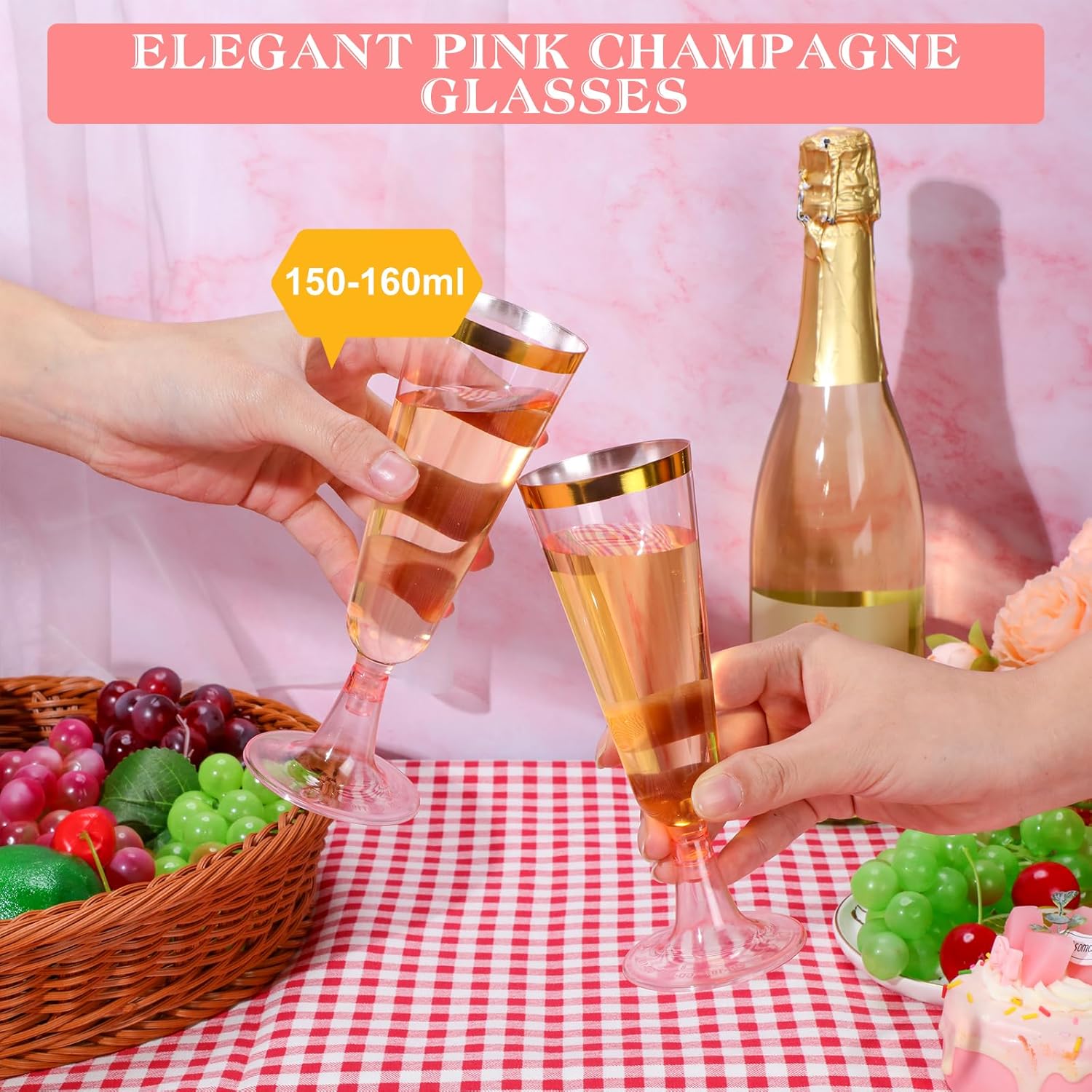 Dandat 100 Pcs Pink Plastic Champagne Flutes with Gold Rim