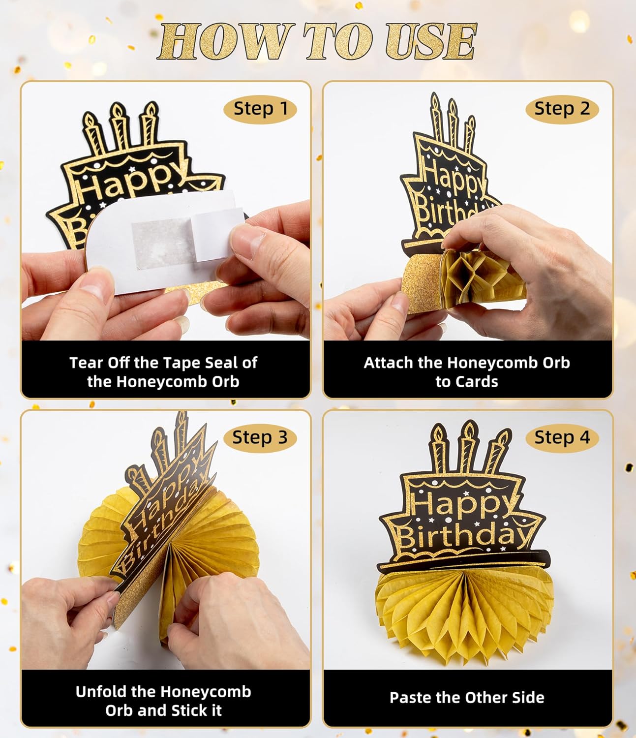 70th Birthday Decorations 9 Pcs Black Gold Honeycomb Centerpieces