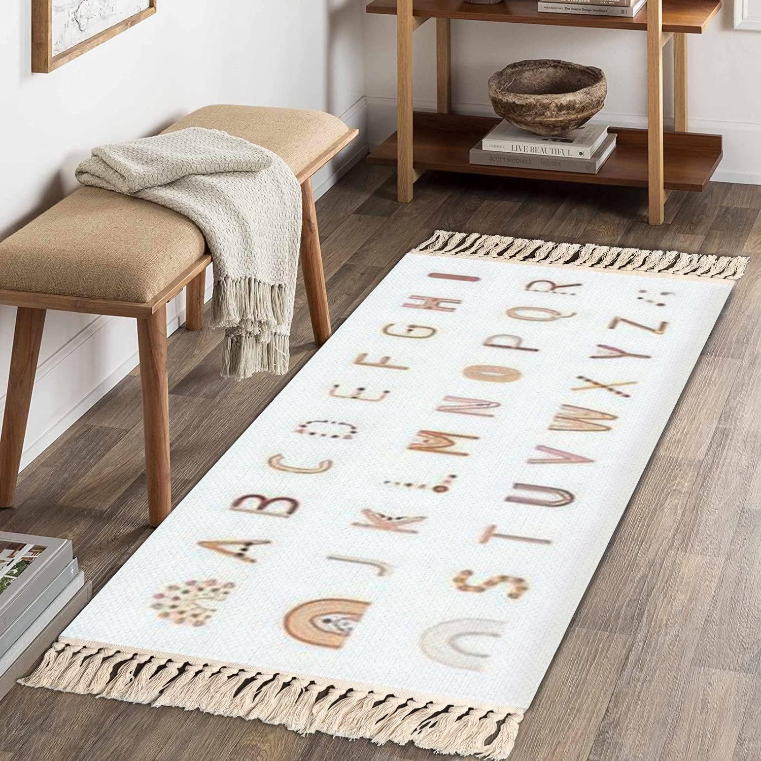 Boho Alphabet Rug with Tassels for Bedroom and Living Room