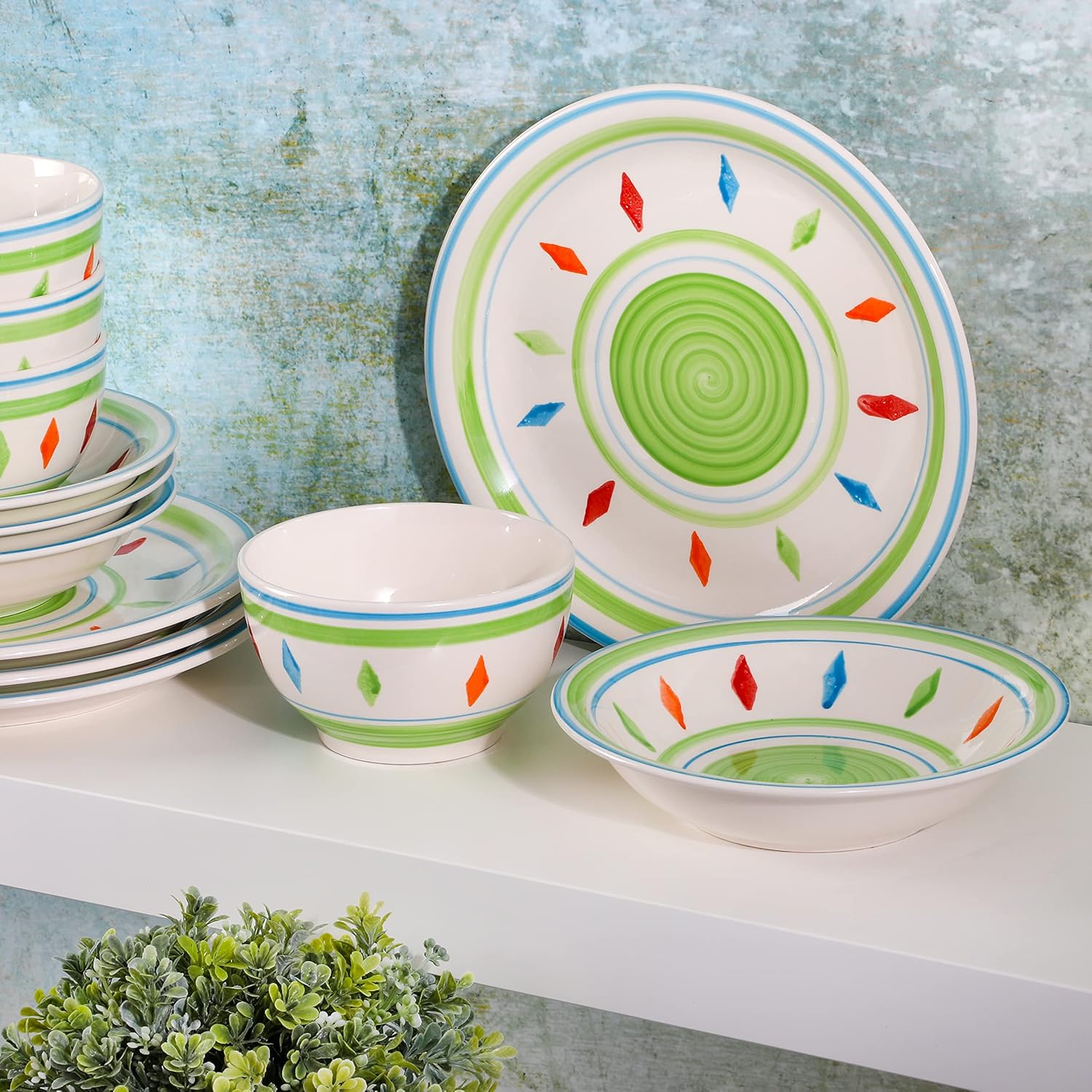 Gibson Home Heidy Hand Painted Dinnerware Set - Green 12pcs Service for 4