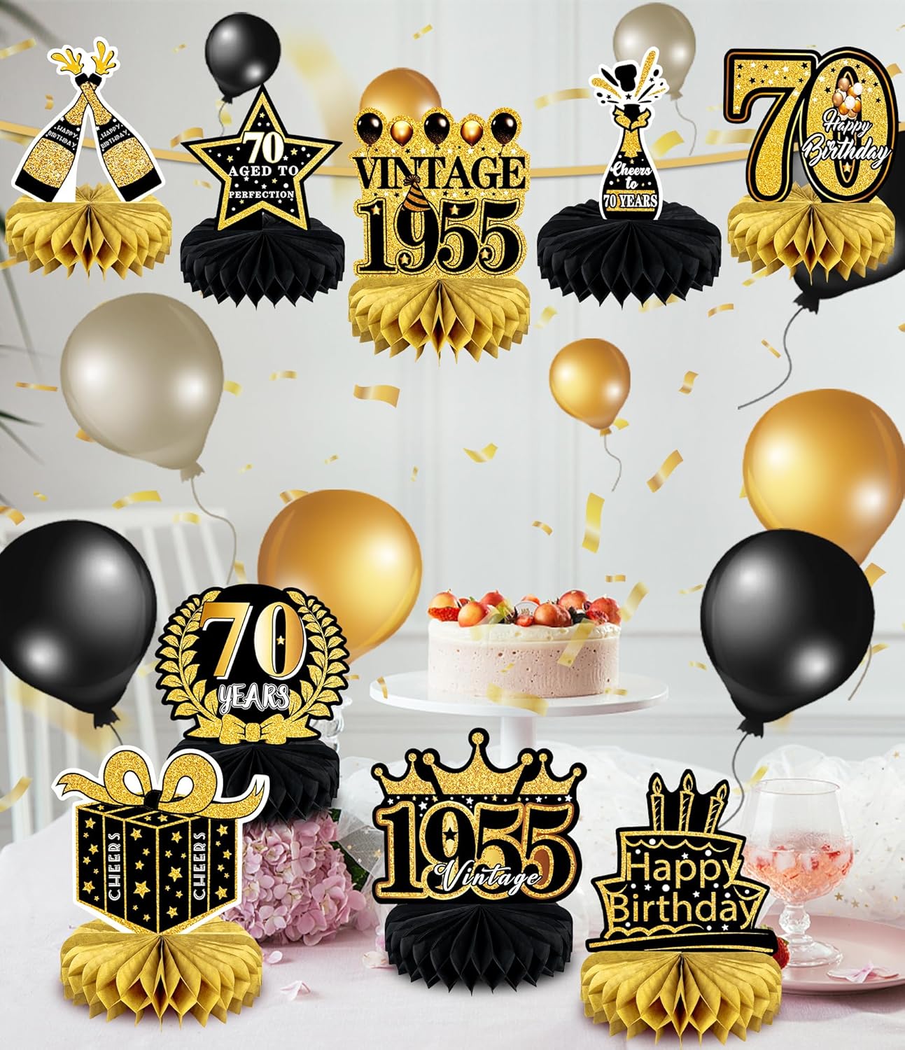70th Birthday Decorations 9 Pcs Black Gold Honeycomb Centerpieces