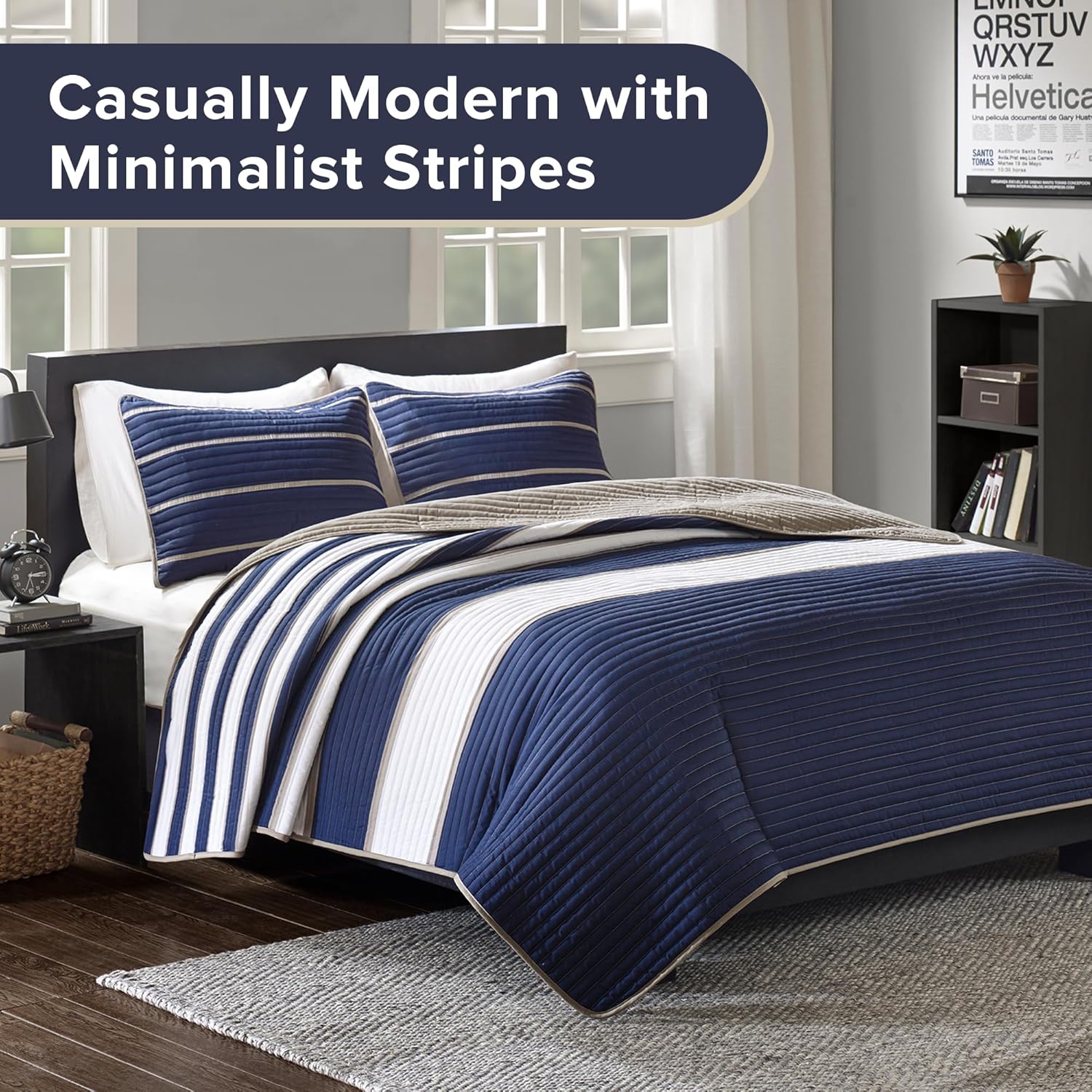 Comfort Spaces Quilt Set Verone White Blue Stripe 3 Piece