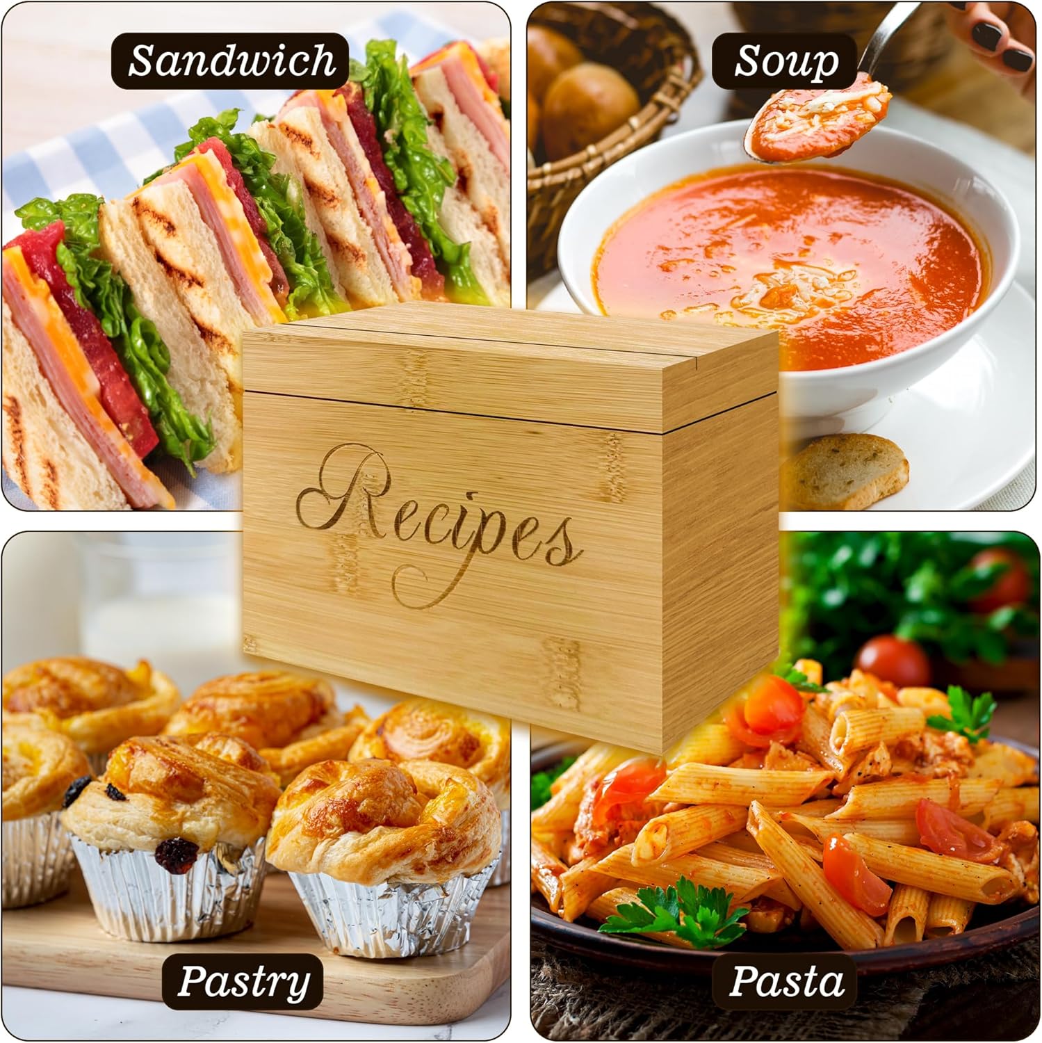 Wooden Recipe Box with 100 Labeled Cards