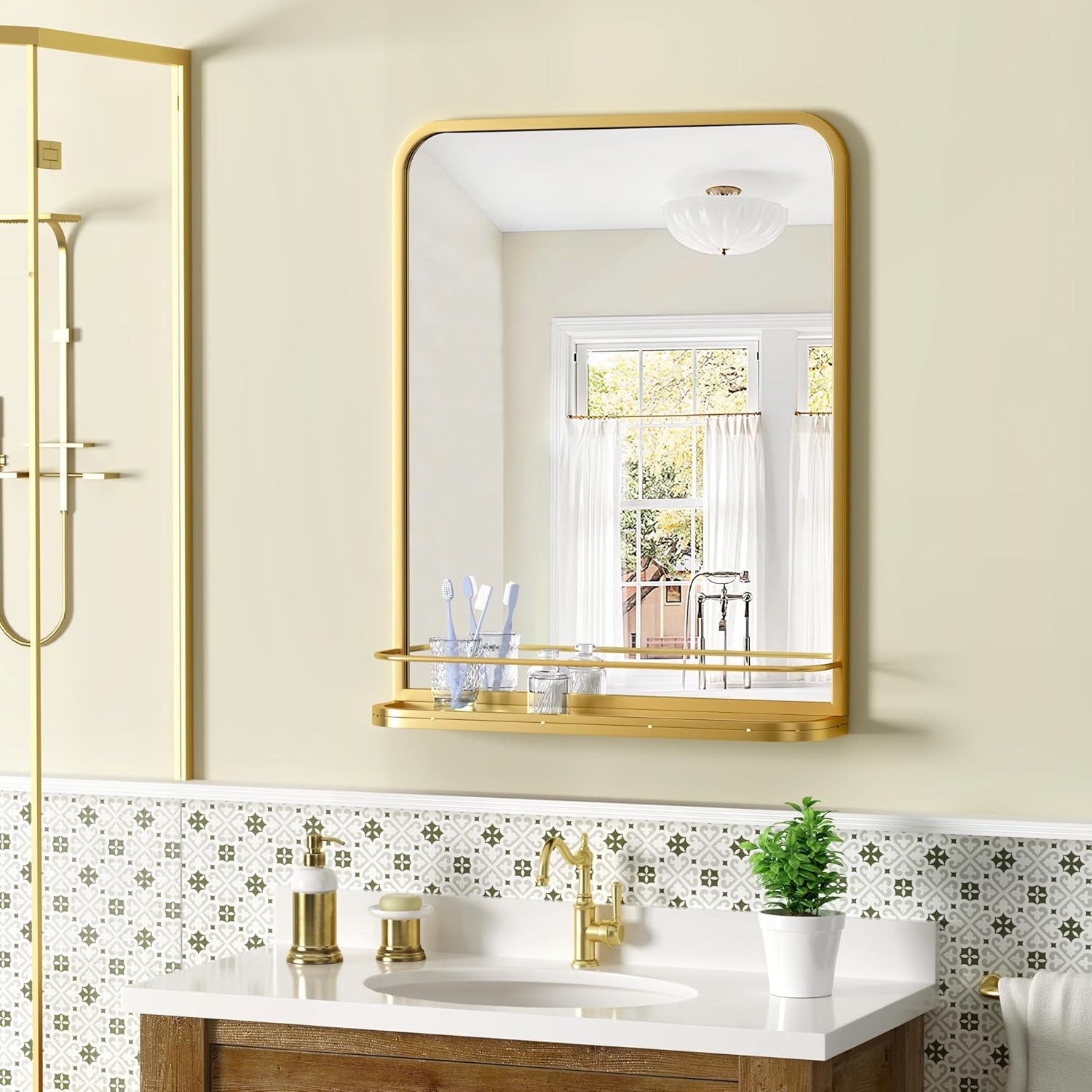 Gold Metal Framed Bathroom Mirror with Shelf