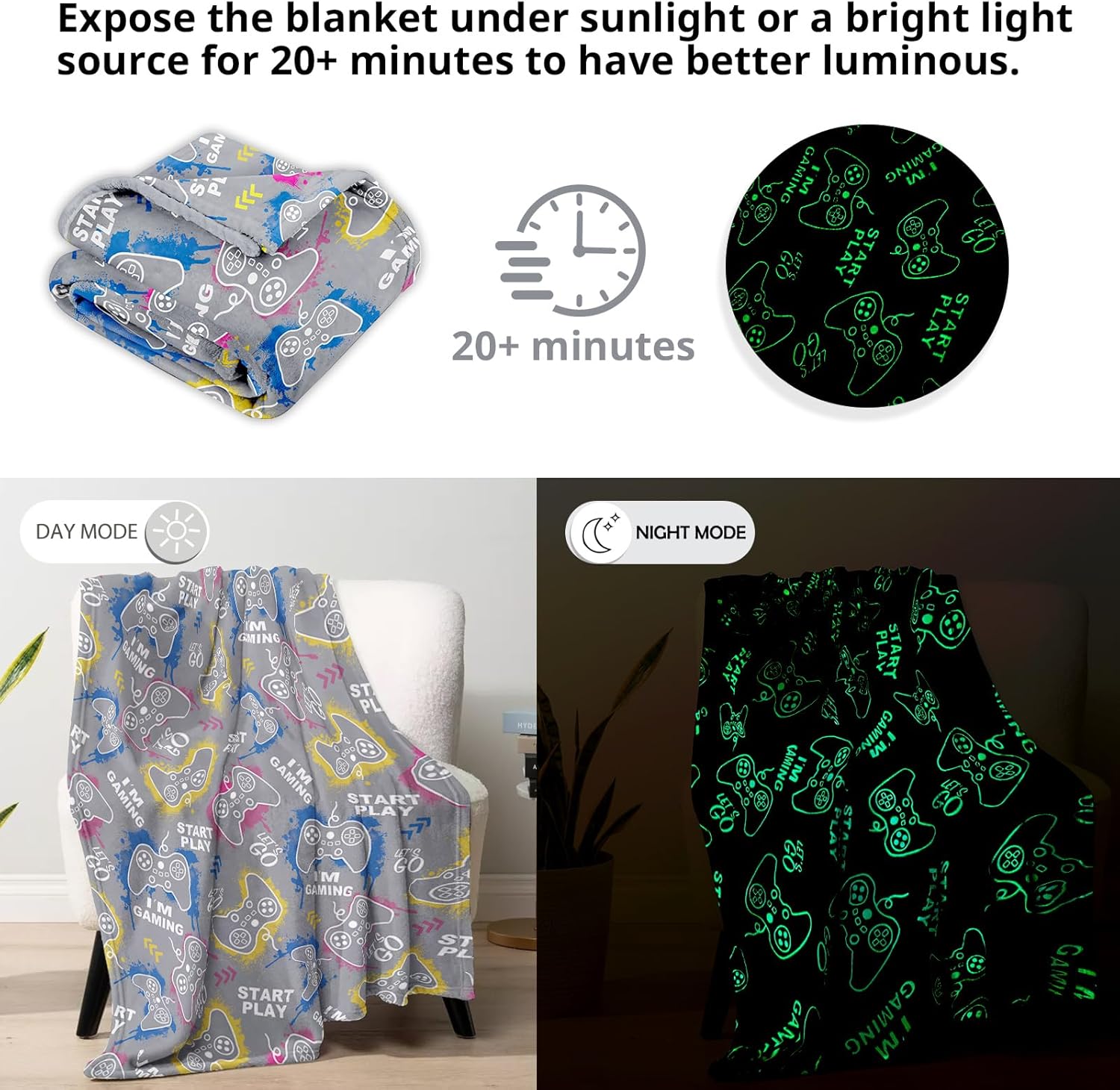 Glow in the Dark Gaming Blanket for Kids and Teens