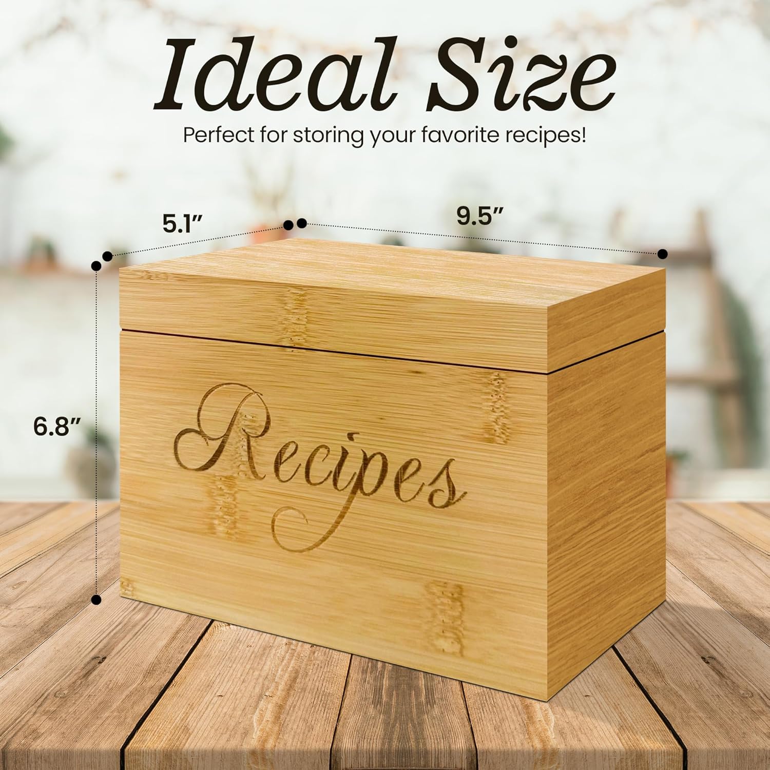 Wooden Recipe Box with 100 Labeled Cards
