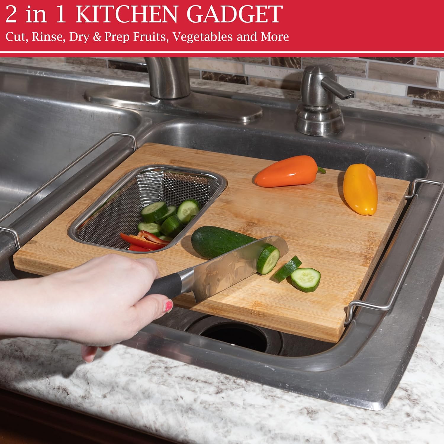 2 in 1 Bamboo Cutting Board with Strainer