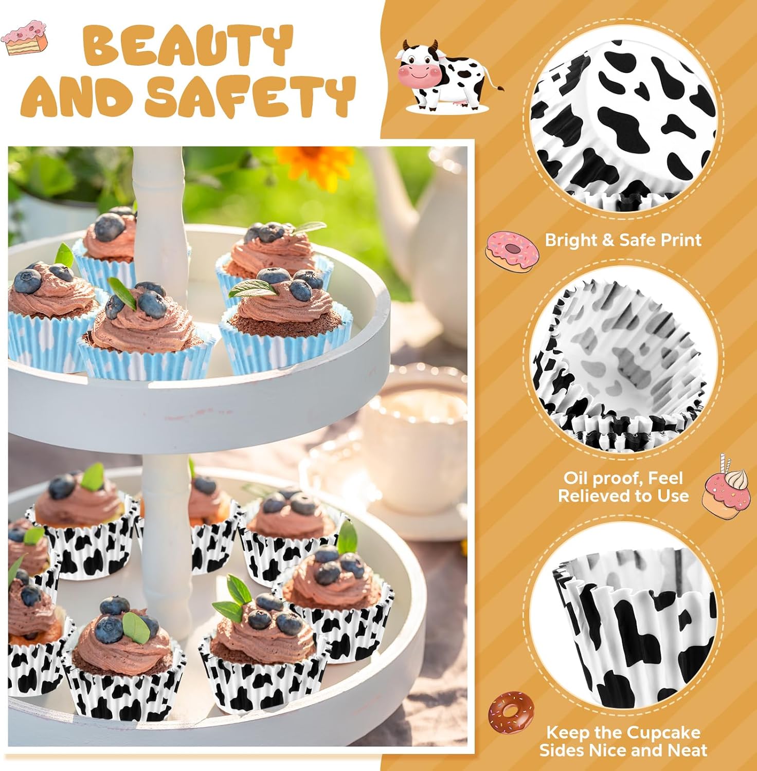 Cunhill 300 Pcs Paper Baking Cups with Cloud and Cow Designs