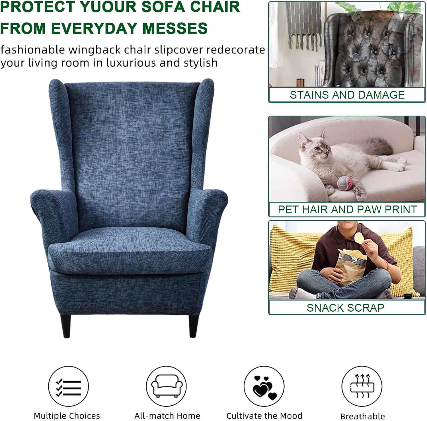CRFATOP 2 Piece Wingback Chair Slipcovers with Elastic Bottom