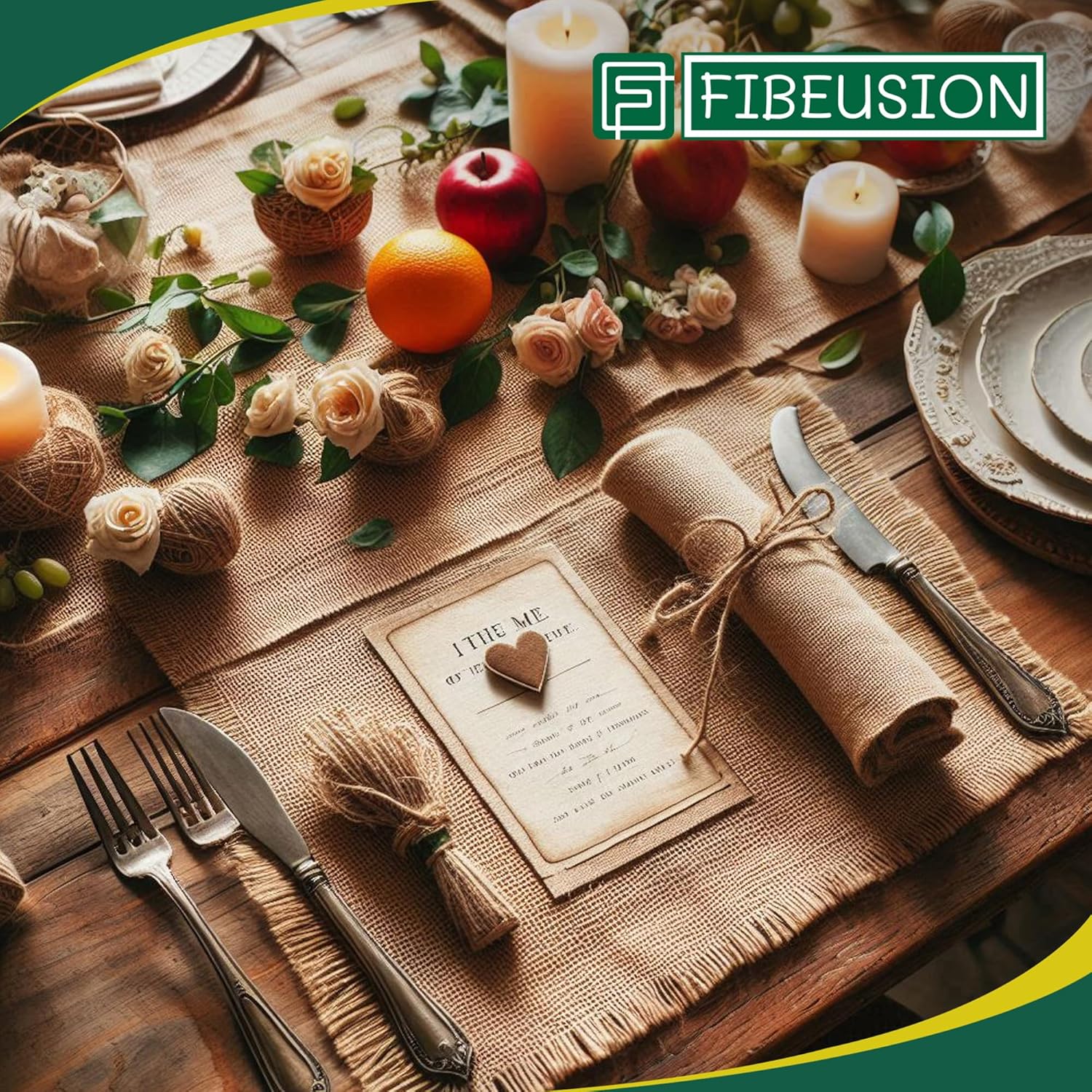 Fibeusion Burlap Table Runner 12x30ft No-Fray Premium Natural Roll