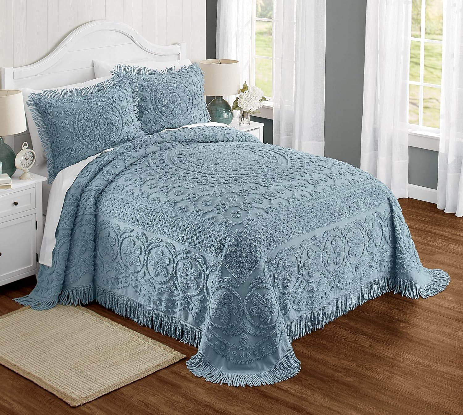 Montgomery Ward Emily Floral Chenille Bedspread Queen Blue