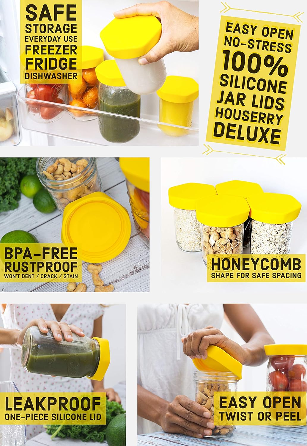 HOUSERRY DELUXE Easy-Grip Silicone Jar Lid 3 Pcs Yellow Wide Mouth