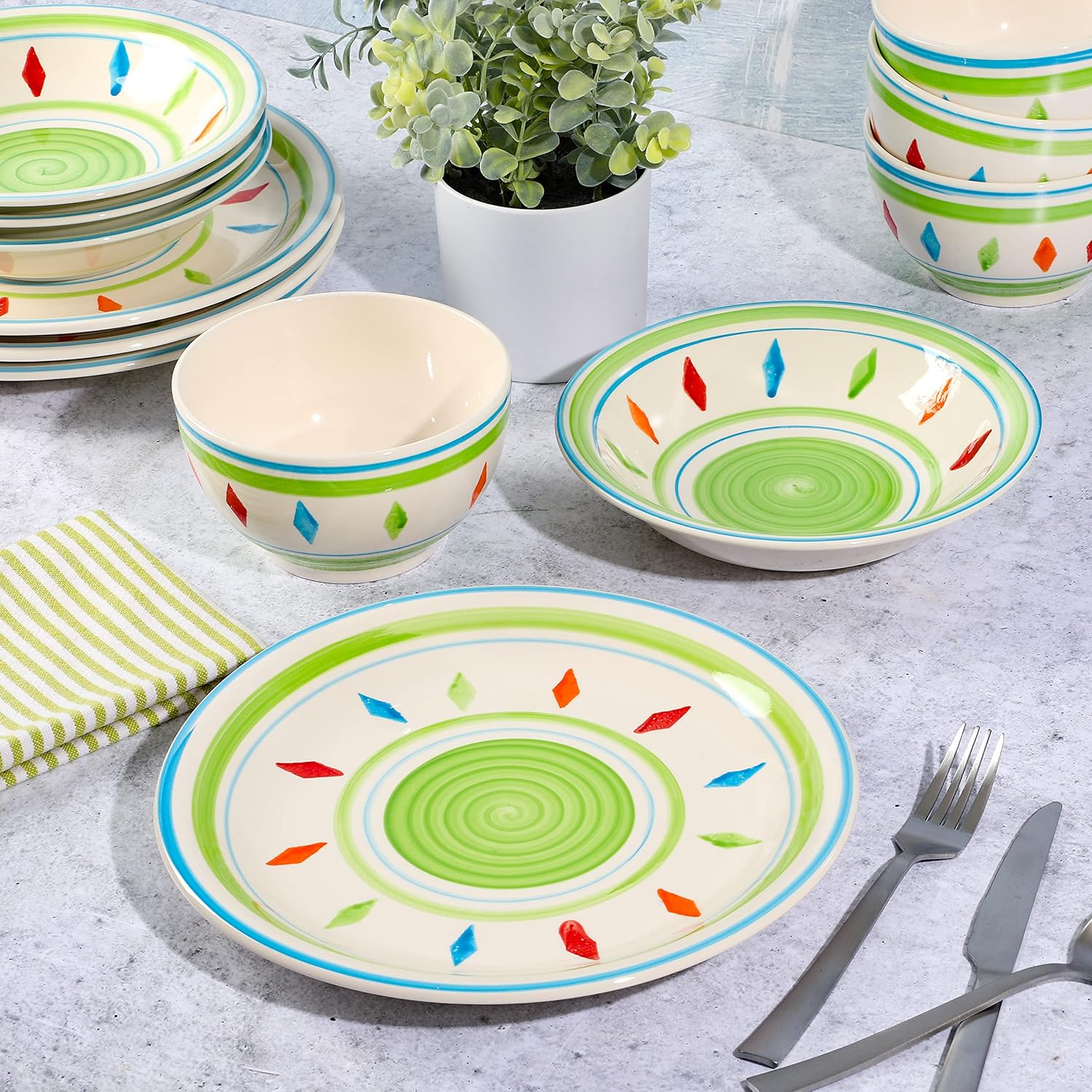 Gibson Home Heidy Hand Painted Dinnerware Set - Green 12pcs Service for 4