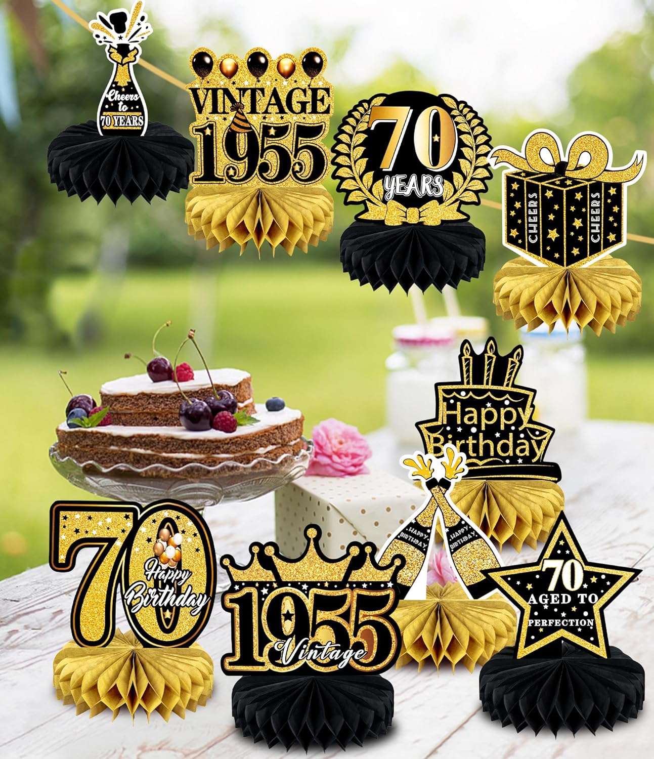 70th Birthday Decorations 9 Pcs Black Gold Honeycomb Centerpieces