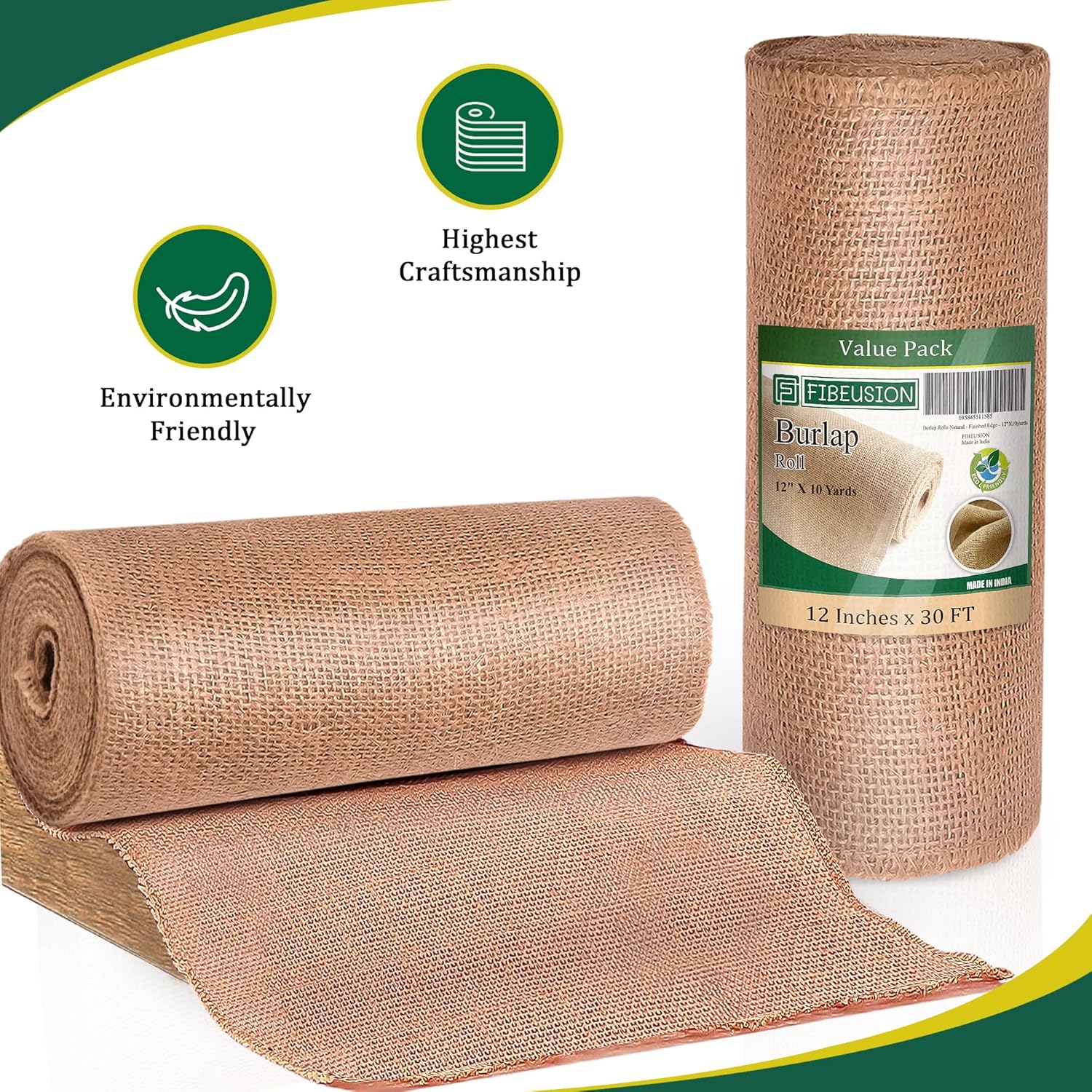 Fibeusion Burlap Table Runner 12x30ft No-Fray Premium Natural Roll