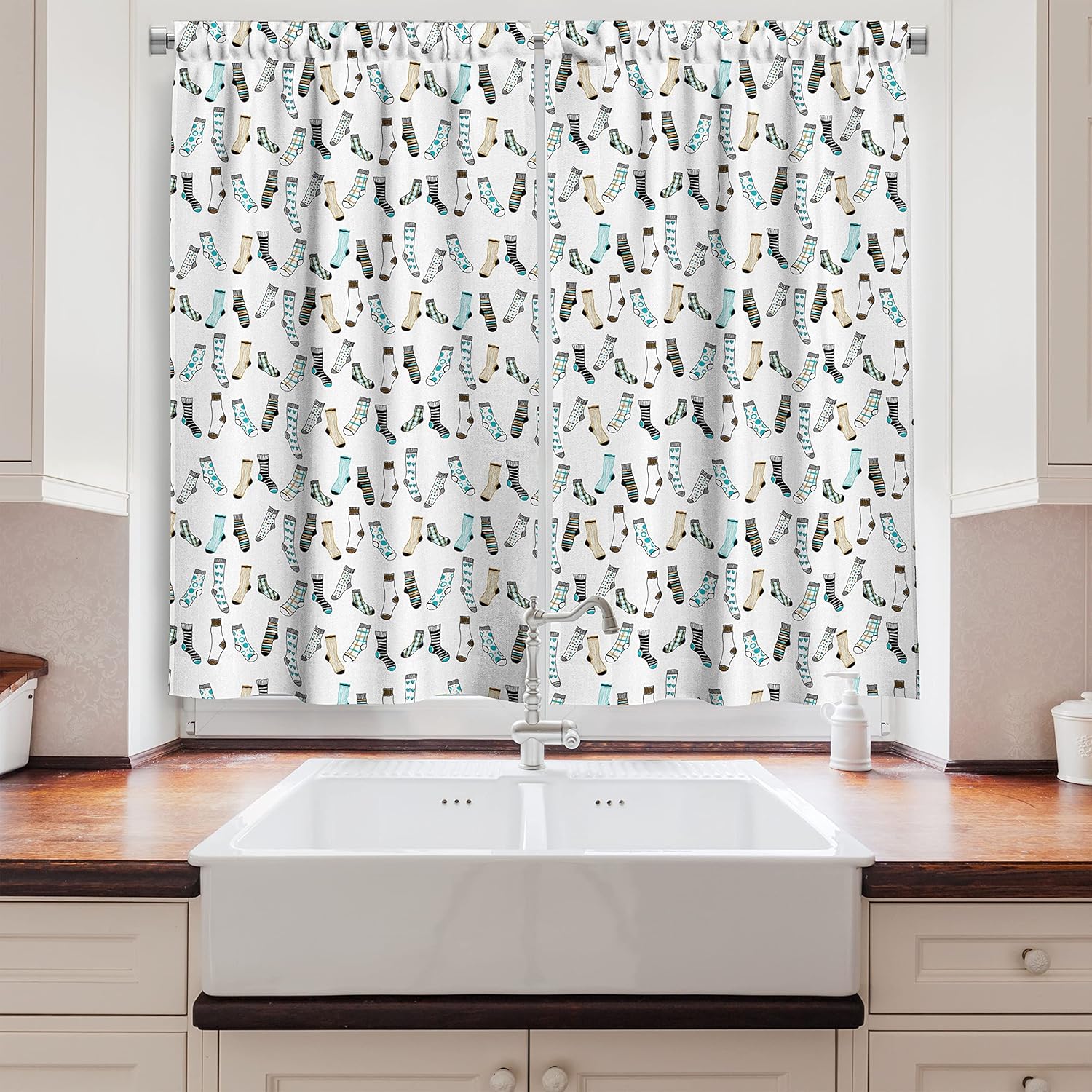Ambesonne Cartoon Kitchen Curtains 2 Panel Set Blue Beige 55x39
