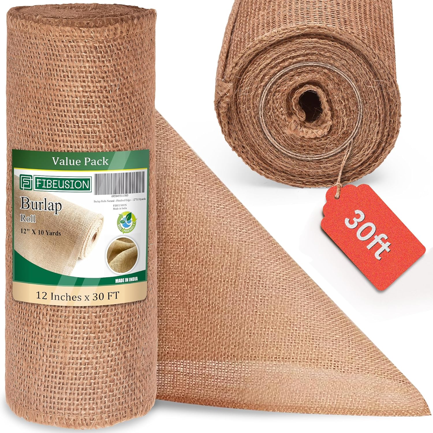 Fibeusion Burlap Table Runner 12x30ft No-Fray Premium Natural Roll
