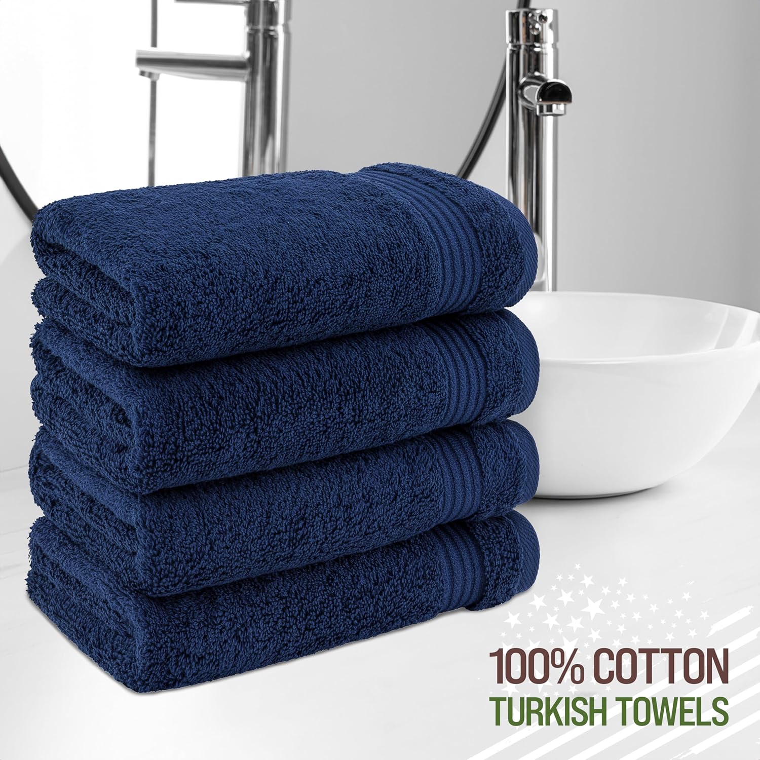 American Veteran 4 Pack Hand Towels Set of 4 Navy Blue