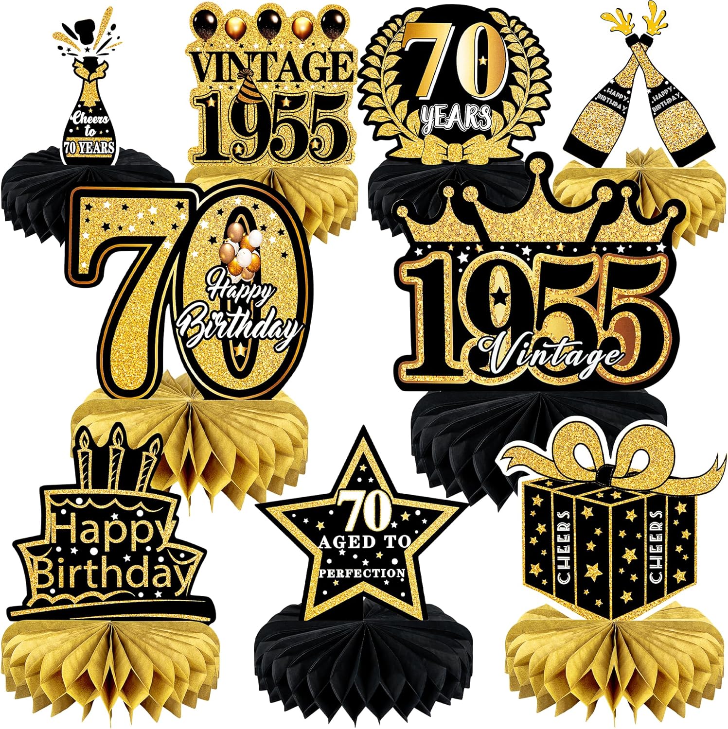70th Birthday Decorations 9 Pcs Black Gold Honeycomb Centerpieces