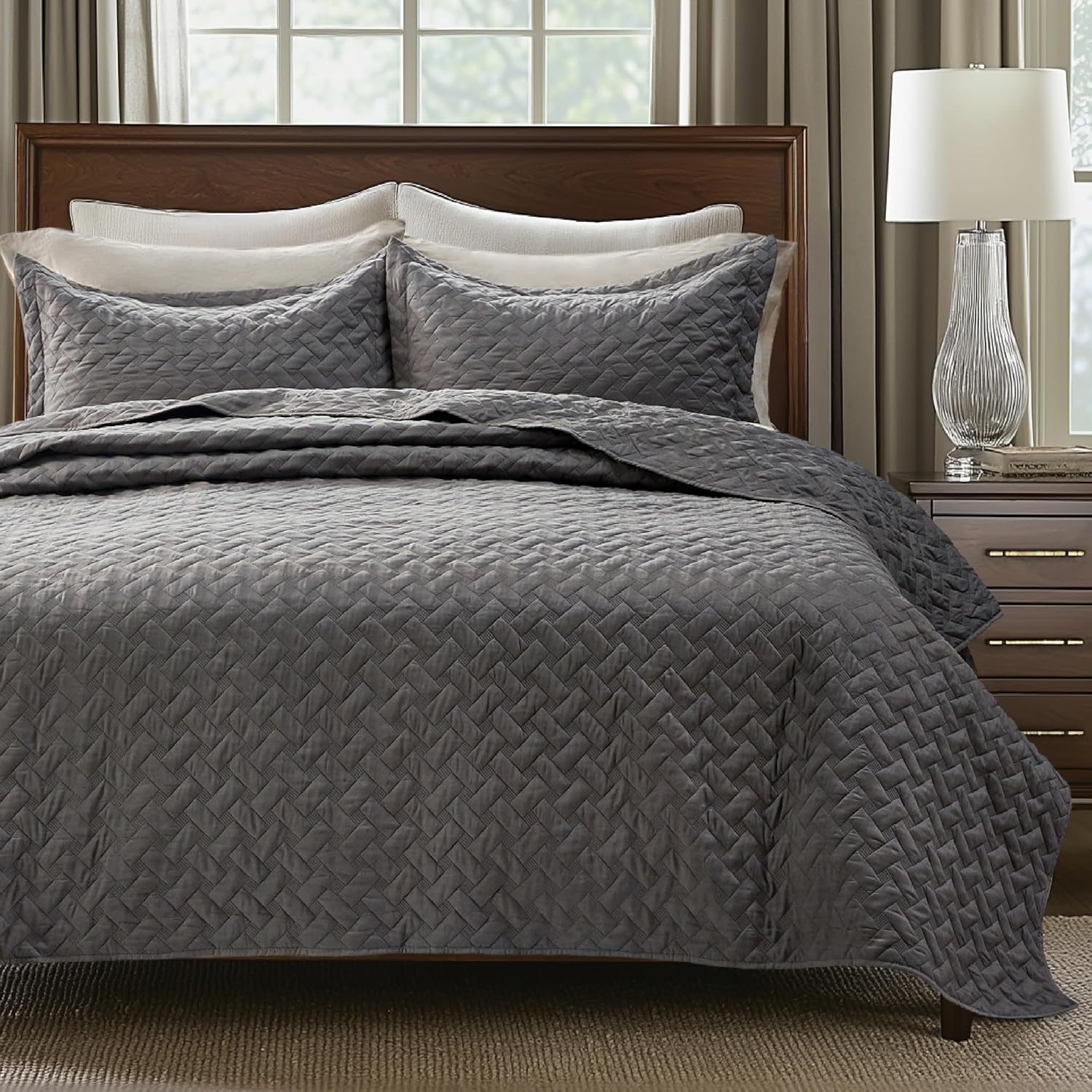 Bedsure King Size Quilt - Grey Basket Weave Bedspread
