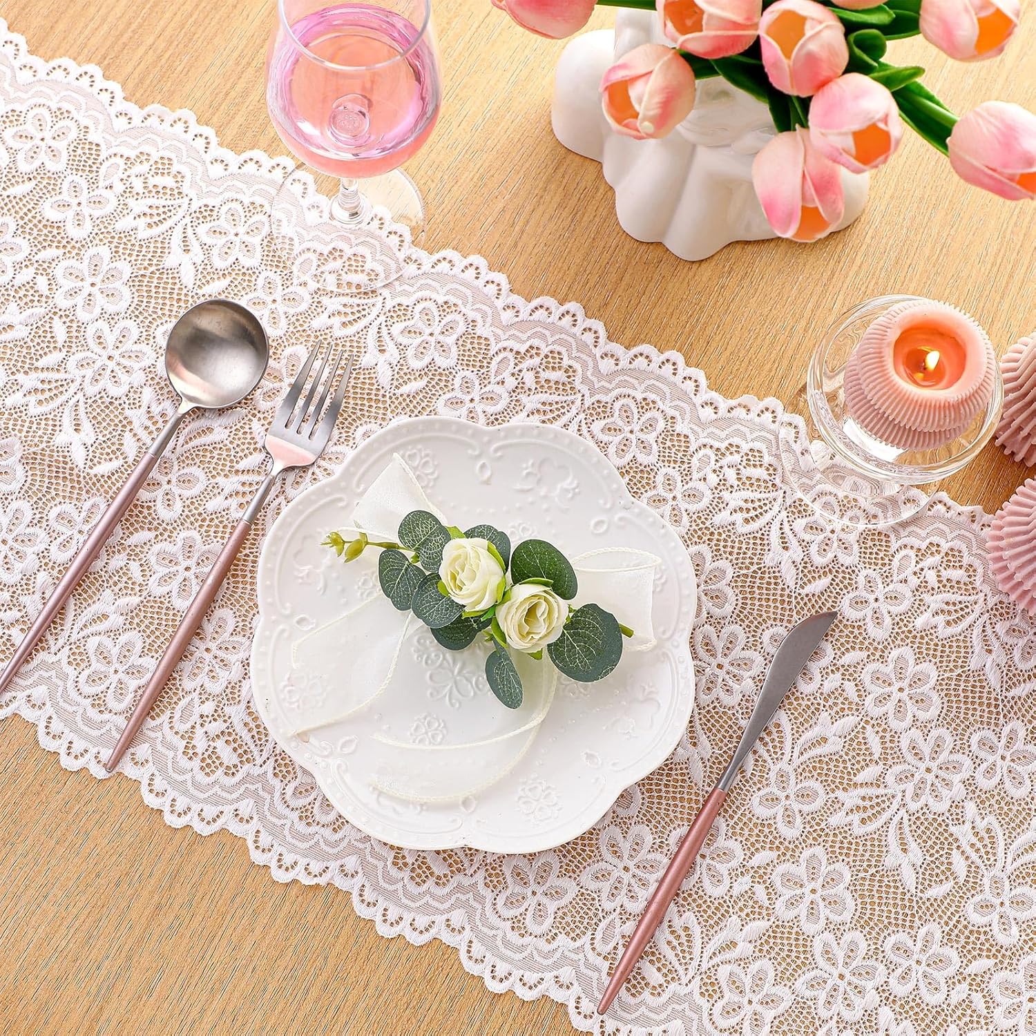 Windkream White Lace Table Runner with Big Bow Ends 12x71 Inch