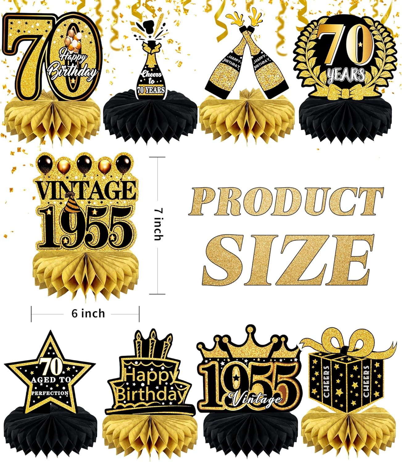 70th Birthday Decorations 9 Pcs Black Gold Honeycomb Centerpieces