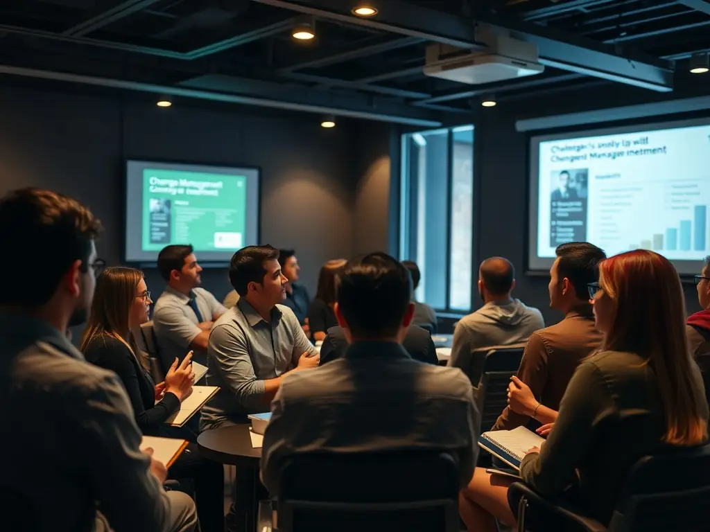 A workshop setting where employees are actively participating in change management training, fostering engagement and adaptation.