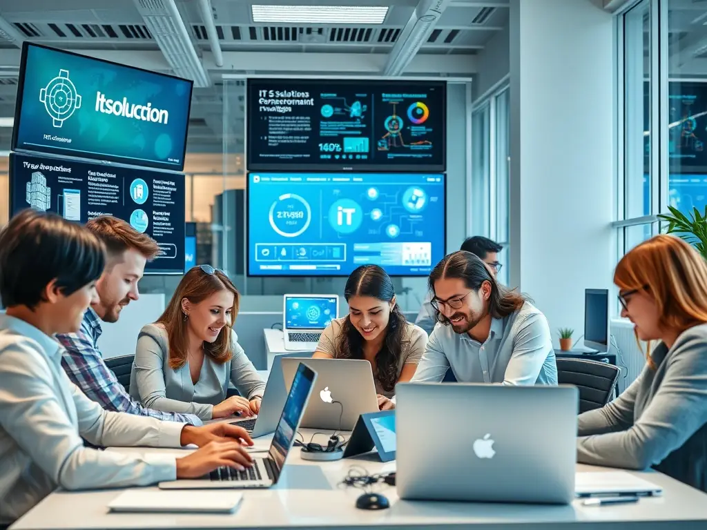 A team is implementing new technology solutions in a modern office, showcasing the integration of technology with business strategies.