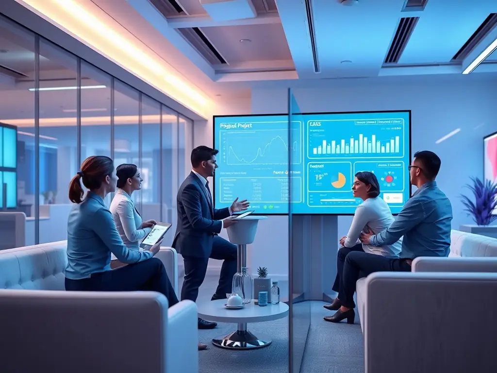 An image of a team implementing new technology solutions in a modern office environment.