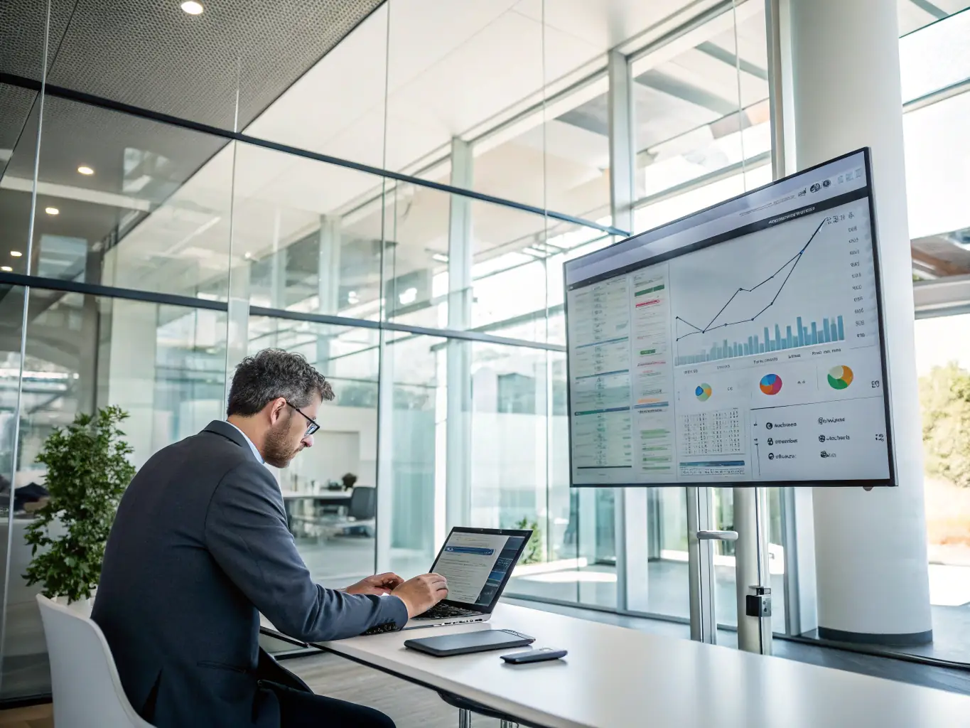 A consultant in a modern office setting, analyzing data on a tablet with a focused expression, representing strategic consulting services.